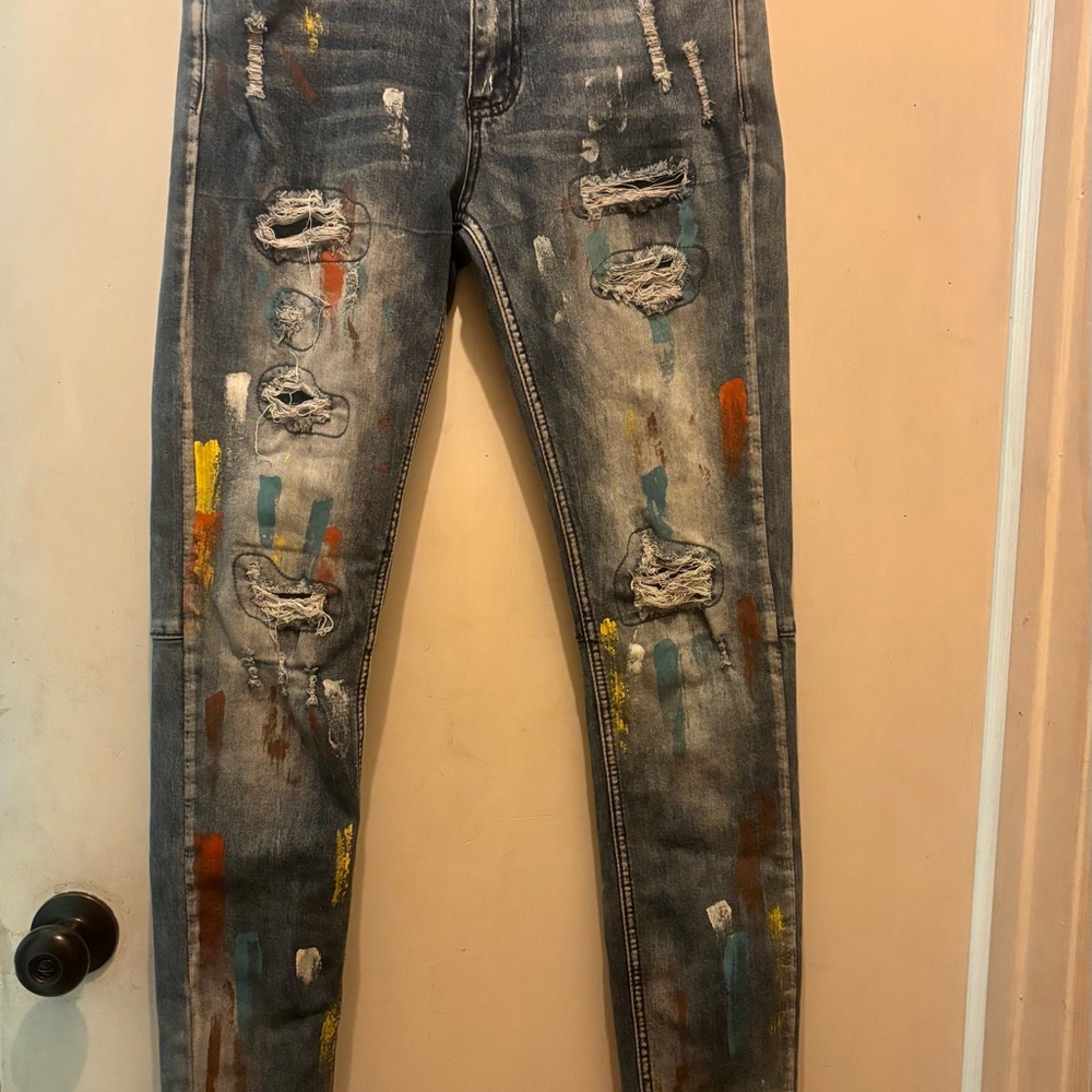 Slim Taper Fit Distressed Colorful Paint- SplatterJeans - Blue